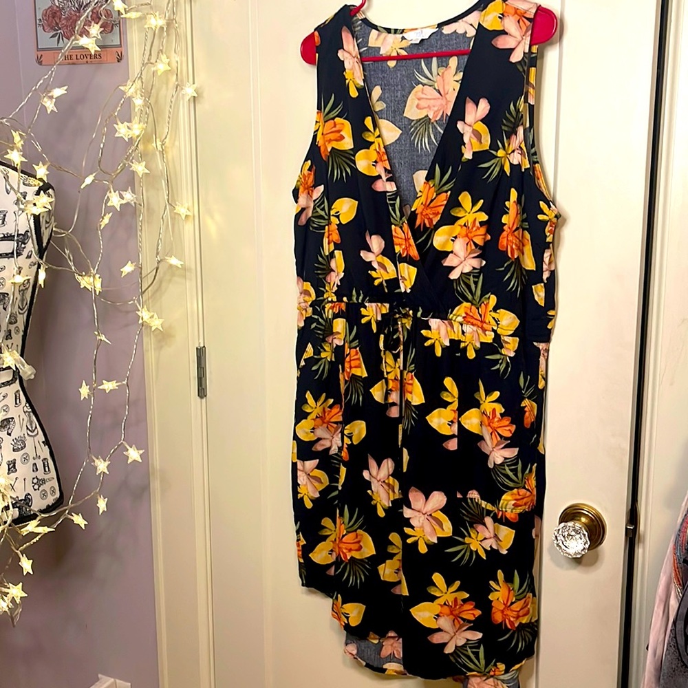 Navy Tank Dress Tropical Print